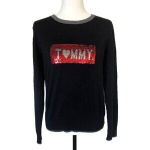 TOMMY HILFIGER Long Sleeve Sweater Womens Size Large Sequined Logo Navy Blue